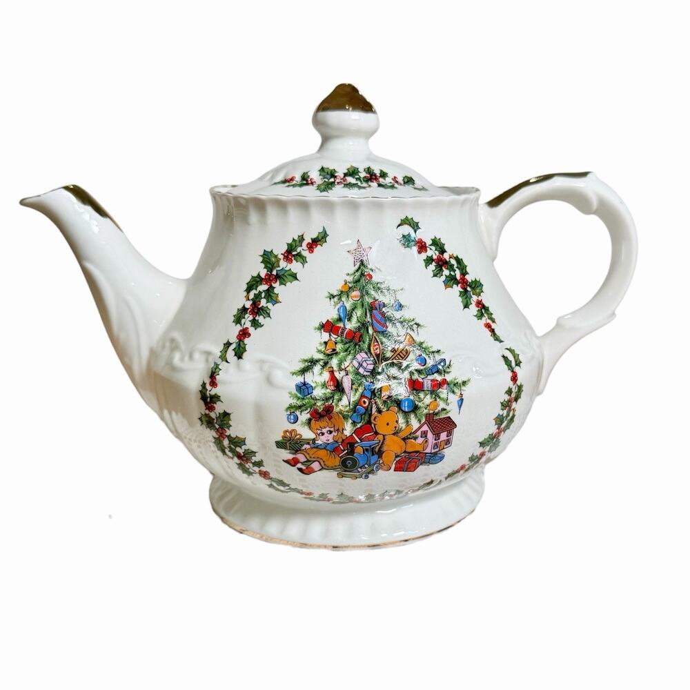 Vintage Schmid England Porcelain Christmas Musical Teapot WORKS O Xmas Tree